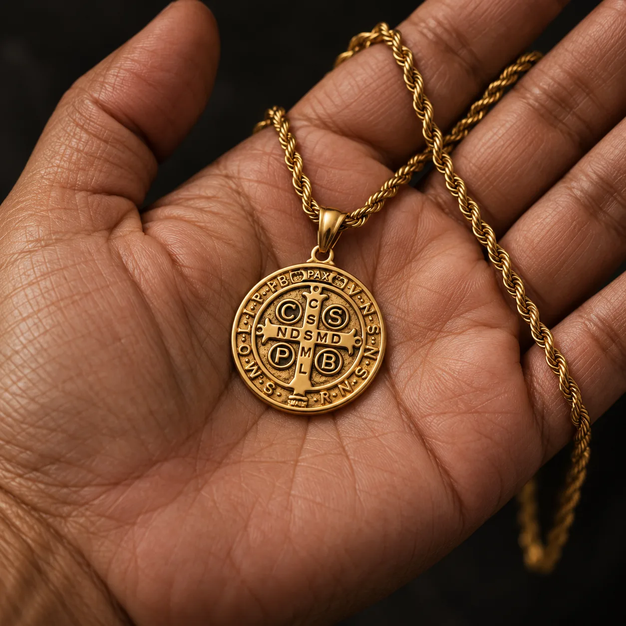 Medalha de São Bento na palma da mão, tamanho real